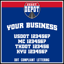 Load image into Gallery viewer, Arched Trucking Business Name with USDOT, MC, TXDOT &amp; KYU Lettering Decals (2-Pack)
