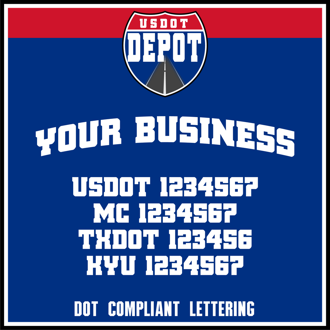 Arched Trucking Business Name with USDOT, MC, TXDOT & KYU Lettering Decals (2-Pack)