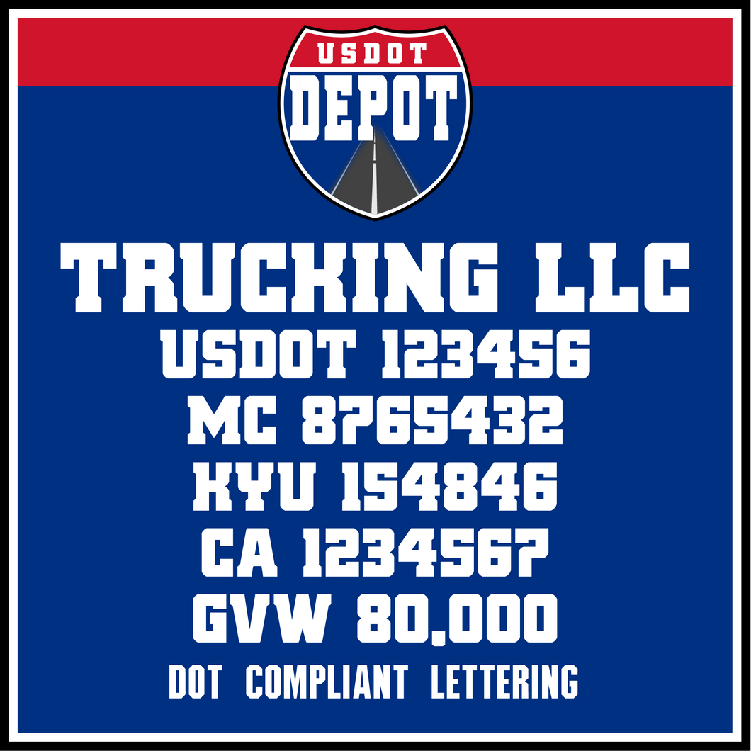 Trucking Name with USDOT, MC, KYU, CA & GVW Lettering (2-Pack)