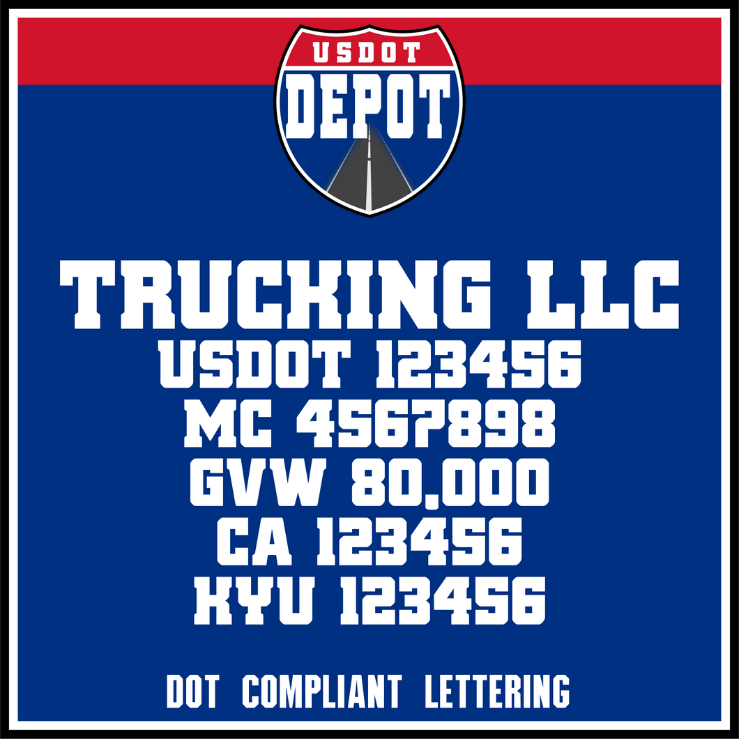 Semi Trucking Transport Business Name with USDOT, MC, GVW, CA & KYU Lettering (2-Pack)