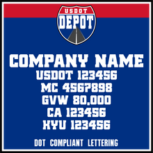 Load image into Gallery viewer, Company Name with USDOT, MC, GVW, CA &amp; KYU Lettering Decals (2-Pack)
