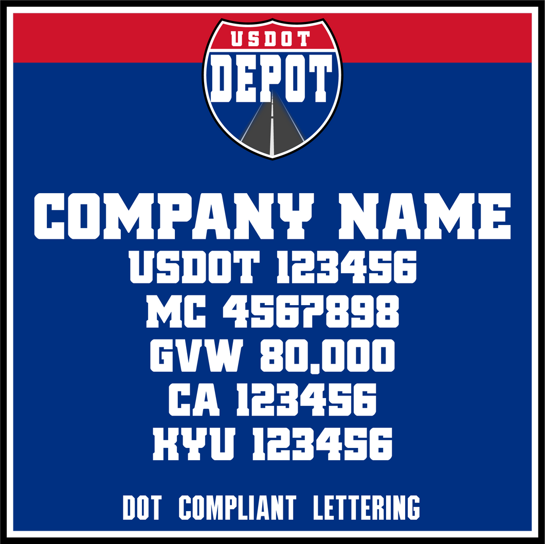 Company Name with USDOT, MC, GVW, CA & KYU Lettering Decals (2-Pack)