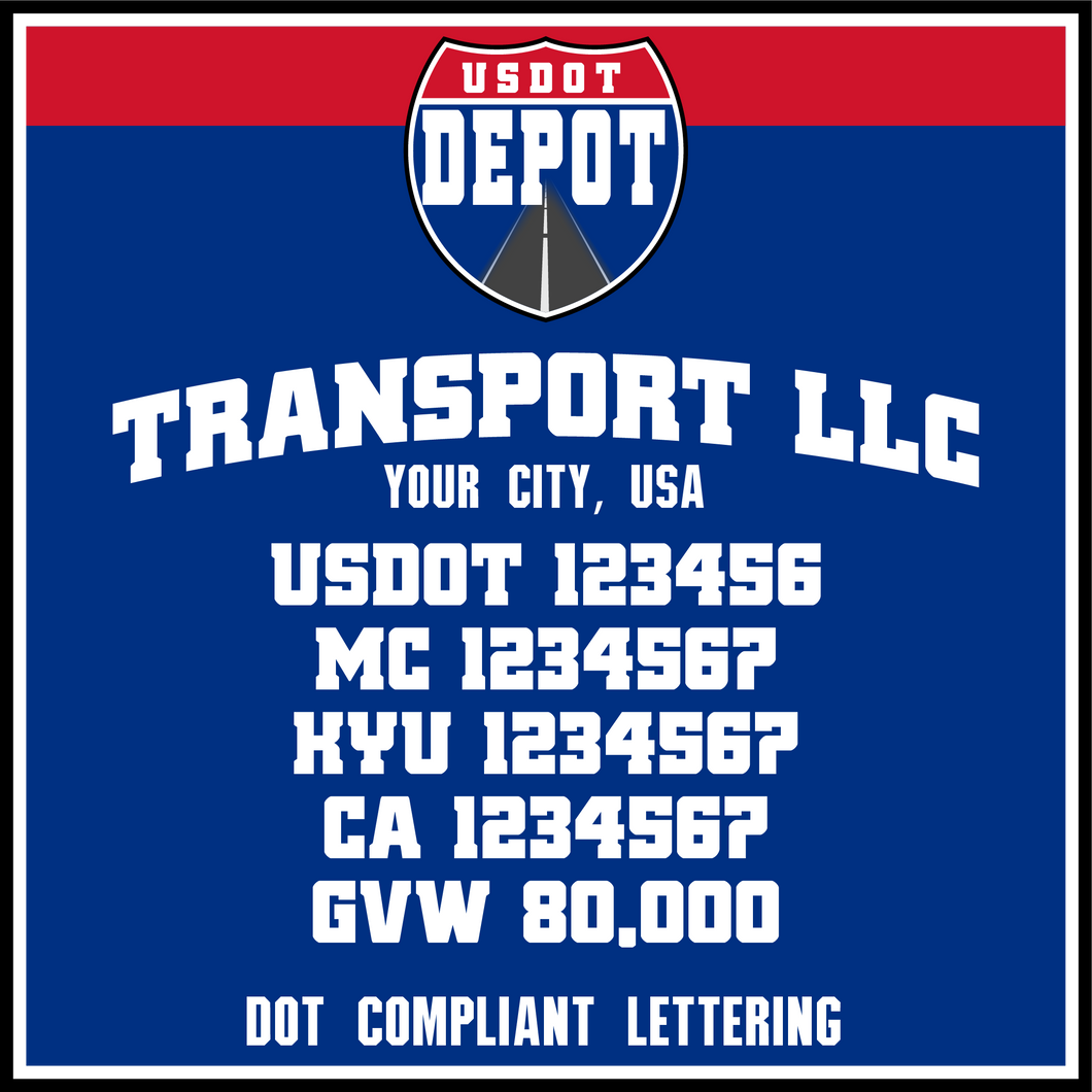 Arched Transport Name with USDOT, MC, KYU, CA & GVW Lettering (2-Pack)