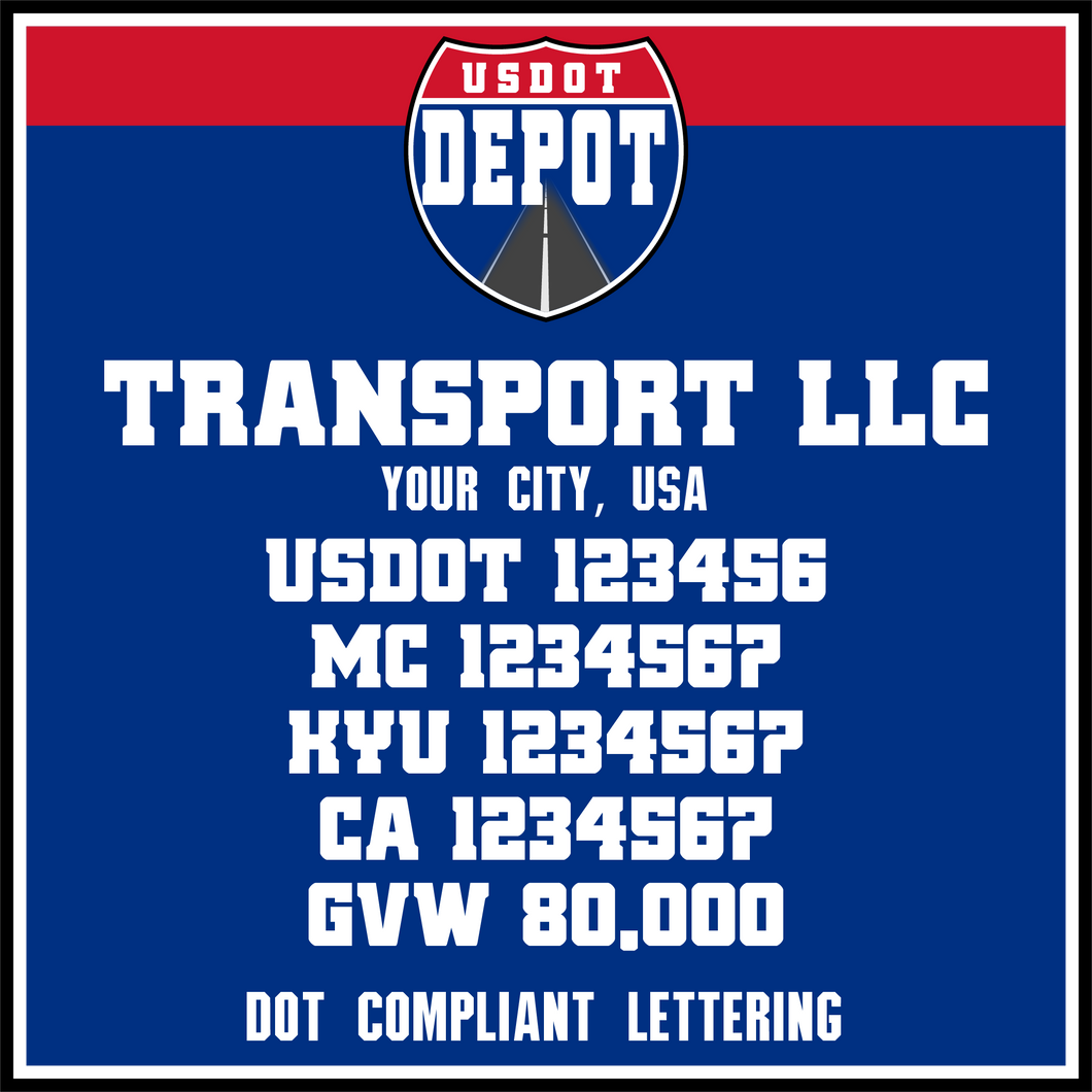 Transport Name with USDOT, MC, KYU, CA & GVW Number Lettering Stickers (2-Pack)