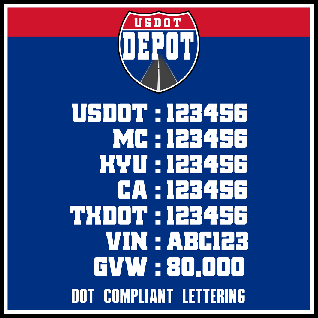 USDOT, MC, KYU, CA, TXDOT, VIN & GVW Number Sticker Lettering (2-Pack)