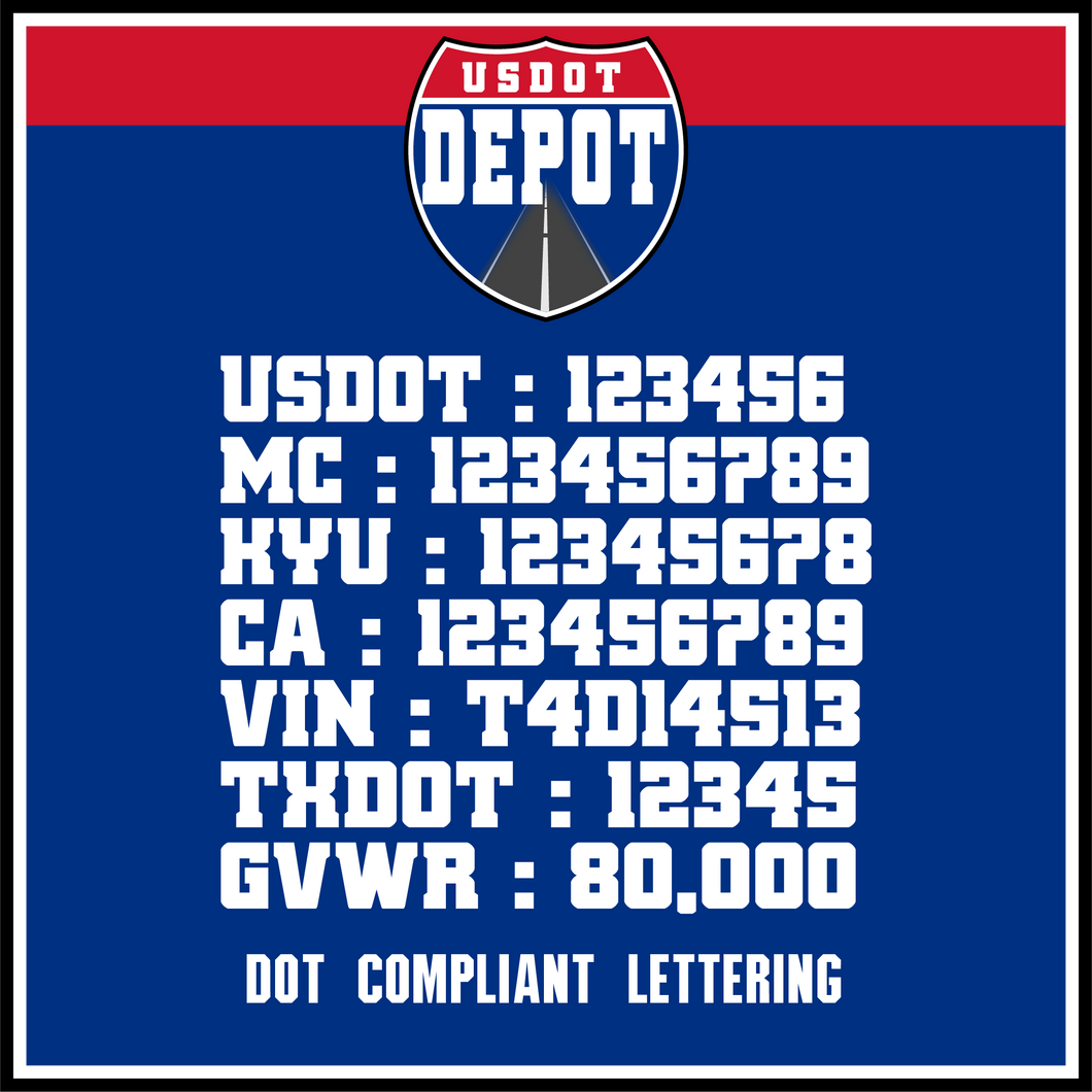 US DOT, MC, KYU, CA, VIN, TXDOT & GVWR Number Sticker Decal Lettering (2-Pack)