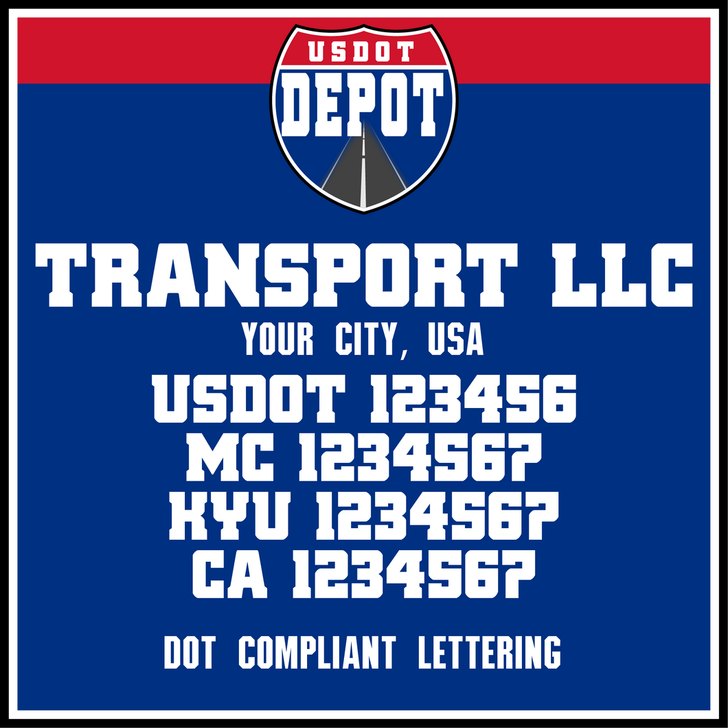 Transport Name with US DOT, MC, KYU & CA Lettering Numbers (2-Pack)