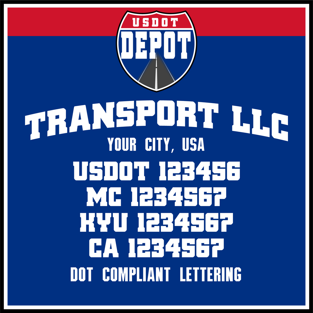 Arched Transport Name with USDOT, MC, KYU & CA Lettering Number Stickers (2-Pack)