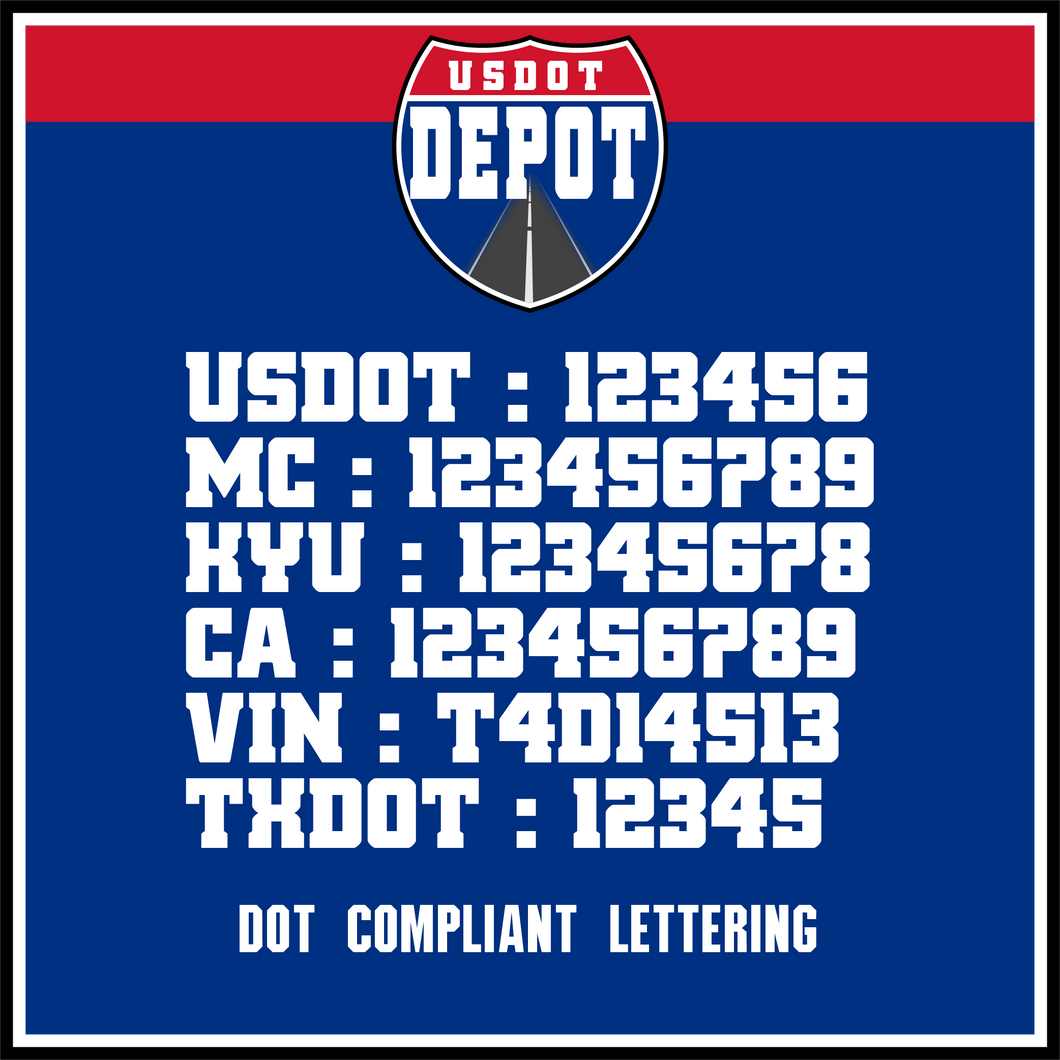 US DOT, MC, KYU, CA, VIN & TXDOT Number Lettering Decals (2-Pack)
