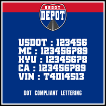 Load image into Gallery viewer, USDOT, MC, KYU, CA &amp; VIN Number Lettering Decals (2-Pack)
