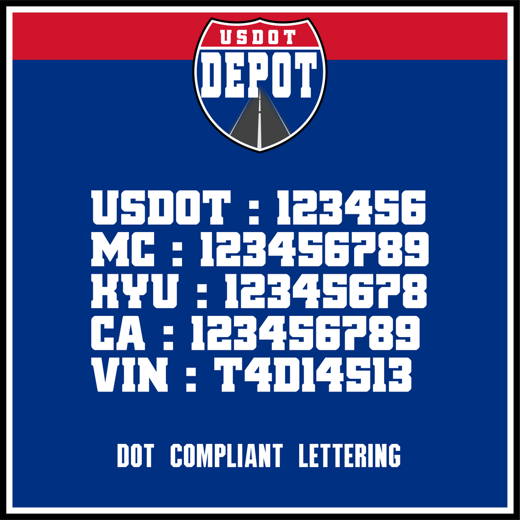 USDOT, MC, KYU, CA & VIN Number Lettering Decals (2-Pack)