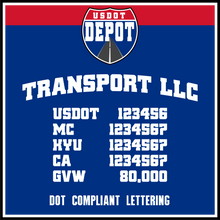 Load image into Gallery viewer, Arched Transport Name with USDOT, MC, KYU, CA &amp; GVW Number Lettering Decal (2-Pack)
