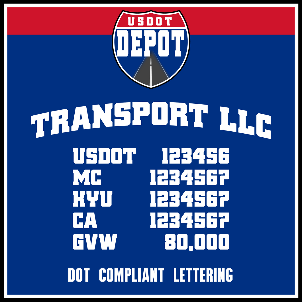 Arched Transport Name with USDOT, MC, KYU, CA & GVW Number Lettering Decal (2-Pack)