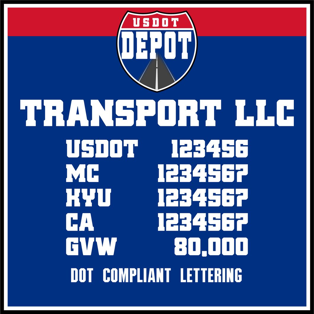 Transport Trucking Company Name with USDOT, MC, KYU, CA & GVW Number Lettering Decals (2-Pack)