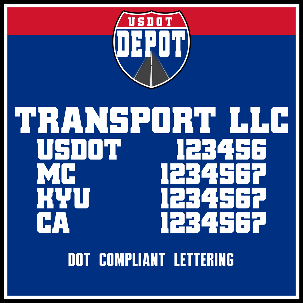 Semi Trucking Transport Name with USDOT, MC, KYU & CA Lettering Decal (2-Pack)