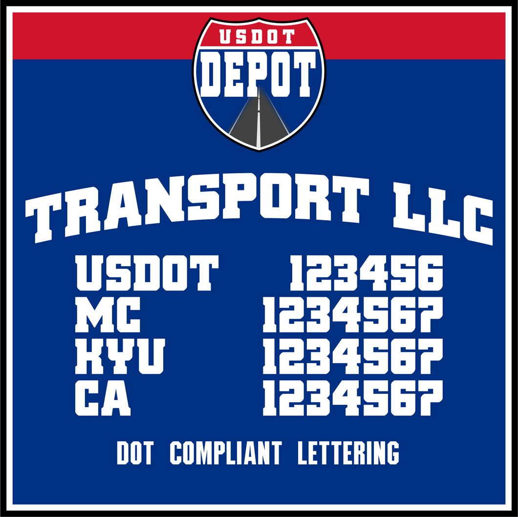 Arched Semi Trucking Transport Name with USDOT, MC, KYU & CA Lettering Decal (2-Pack)