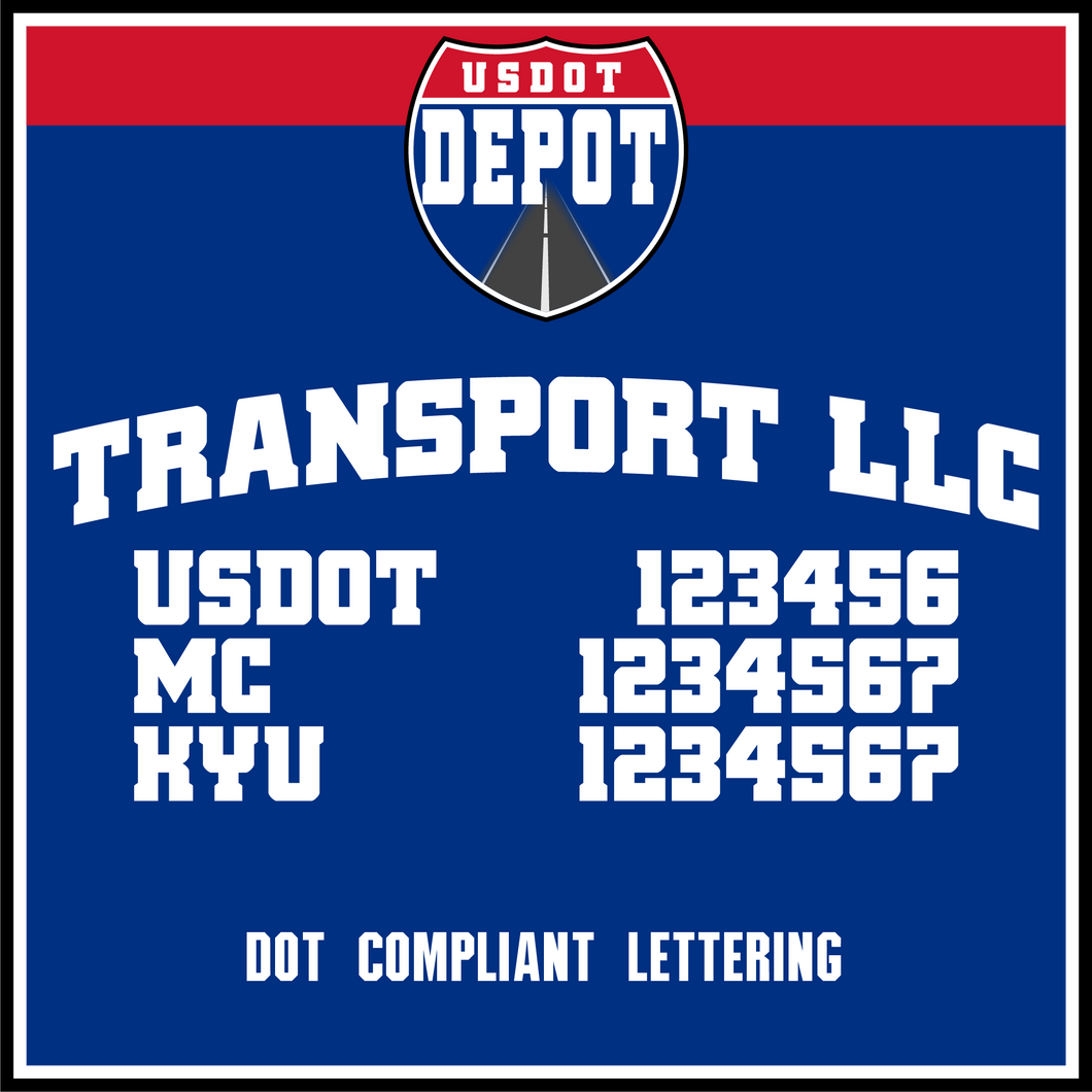 Arched Transport Name with USDOT, MC & KYU Lettering Decal (2-Pack)