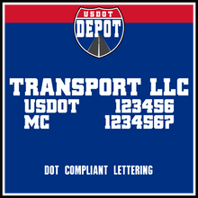 Load image into Gallery viewer, Transportation Company Name with USDOT &amp; MC Lettering Decal Stickers (2-Pack)
