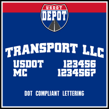 Load image into Gallery viewer, Arched Transportation Company Name with USDOT &amp; MC Lettering Decal Stickers (2-Pack)
